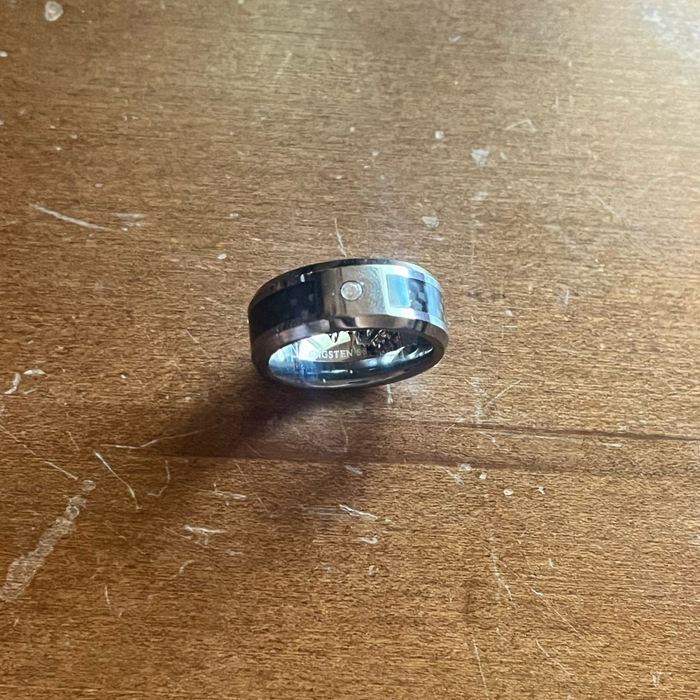 Men’s Silver and Black Carbon Fibre Tungsten Ring